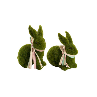 Easter Decoration & Decor - Flocked Rabbit Mixed 2 Piece Set Moss (13cmH)