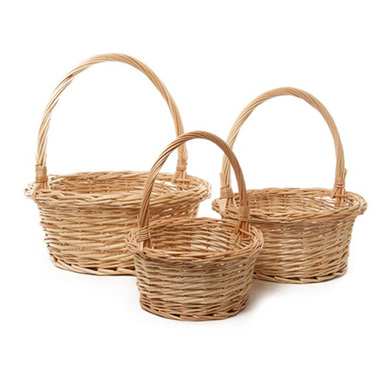 Baskets with Handles - Willow Basket with Handle Round Set of 3 Natural(35Dx13cmH)