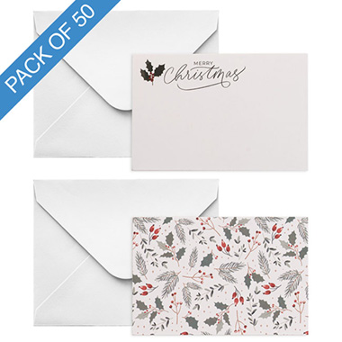 Florist Enclosure Cards - Cards Christmas Leaves with Envelopes White Pk50 (10x6.5cmH)