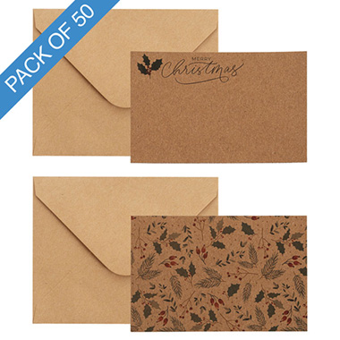Florist Enclosure Cards - Cards Christmas Leaves with Envelopes Kraft Pk50 (10x6.5cmH)