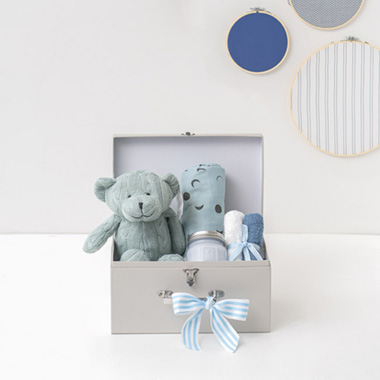 Baby Hampers - Zac Cable Knit Teddy Luxe Suitcase Hamper Baby Blue