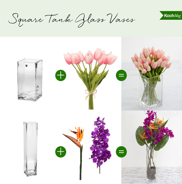 long tall square vases are perfect for single stem flowers, like tropical flowers or tulips